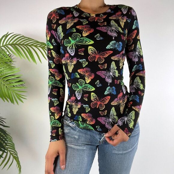 Y2K Style Black Fairy Grunge Rainbow Butterfly Indie Long Sleeve Top / Sz: XS - Picture 1 of 4